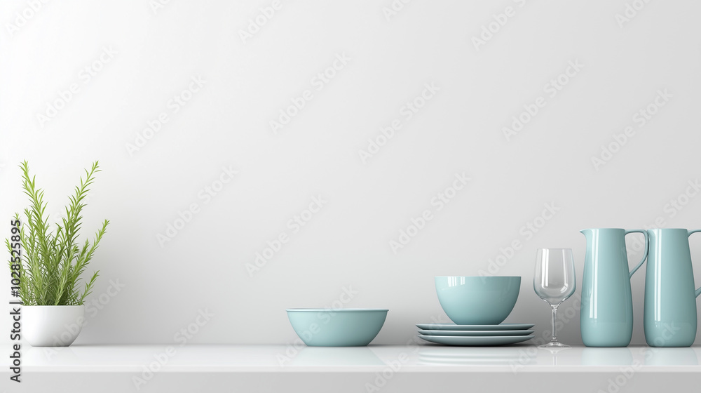 A white wall with a blue plant and a blue vase with a white bowl on top of it A white wall with a blue plant and a blue vase with a white bowl on top of it