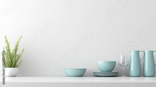 A white wall with a blue plant and a blue vase with a white bowl on top of it