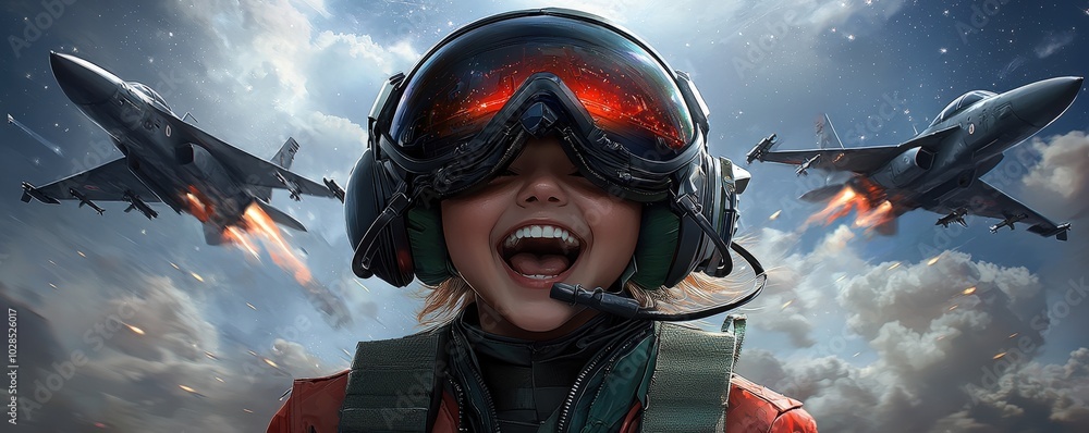 Joyful Girl in Flight Gear with Jets Above Joyful Girl in Flight Gear with Jets Above