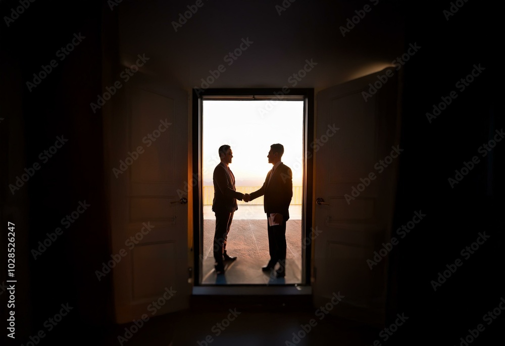 Fototapeta premium Two men in suits shake hands in a doorway, a bright light coming from the outside.