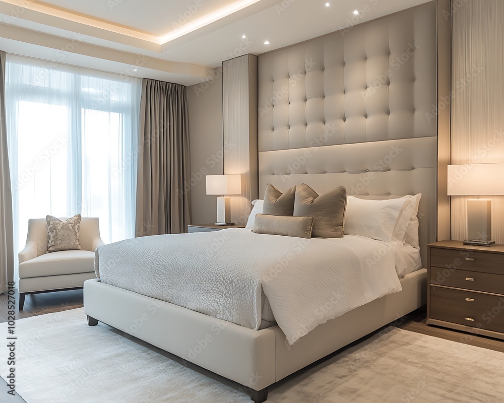 A modern and comfortable spacious bedroom, luxurious bedding, soft lighting. A modern and comfortable spacious bedroom, luxurious bedding, soft lighting.