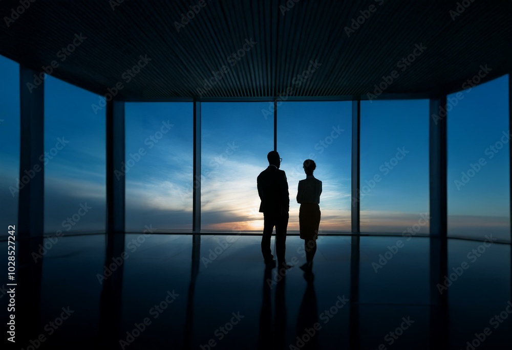 Silhouettes of two businesspeople standing by a large window overlooking a cityscape at dusk. Silhouettes of two businesspeople standing by a large window overlooking a cityscape at dusk.
