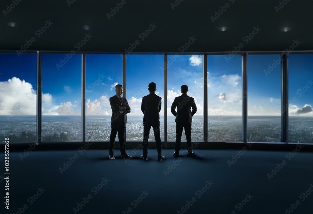Three men in suits stand in front of a window looking out at a cityscape and blue sky. Three men in suits stand in front of a window looking out at a cityscape and blue sky.