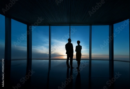 Silhouettes of two businesspeople standing by a large window overlooking a cityscape at dusk.