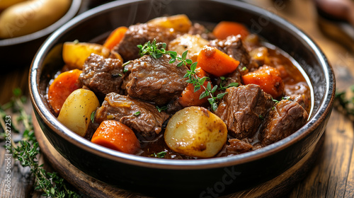 Hearty beef stew with carrots and potatoes garnished with herbs in bowl