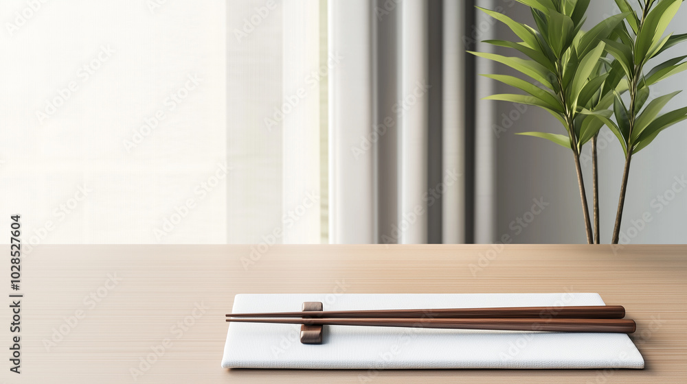 Fototapeta premium A pair of chopsticks sits on a white cloth on a wooden table