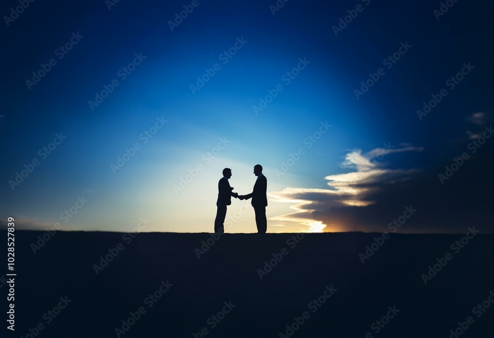 Two silhouettes of people shaking hands in front of a cloudy sunset sky.