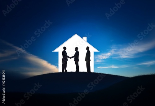 Two men shake hands in front of a white silhouette of a house against a blue sky.