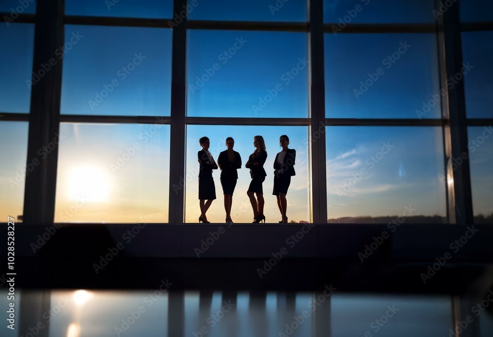 Silhouettes of four women standing in front of a large window, looking out at the setting sun. Silhouettes of four women standing in front of a large window, looking out at the setting sun.