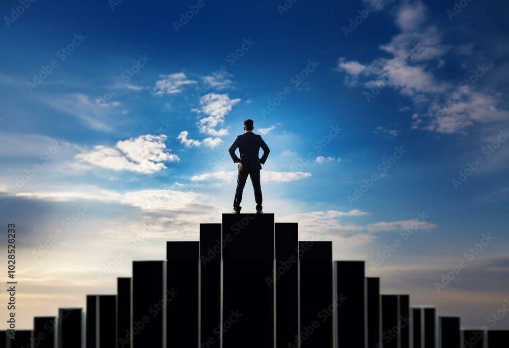 A silhouette of a businessman standing on top of a staircase with a blue sky and white clouds in the background. A silhouette of a businessman standing on top of a staircase with a blue sky and white clouds in the background.