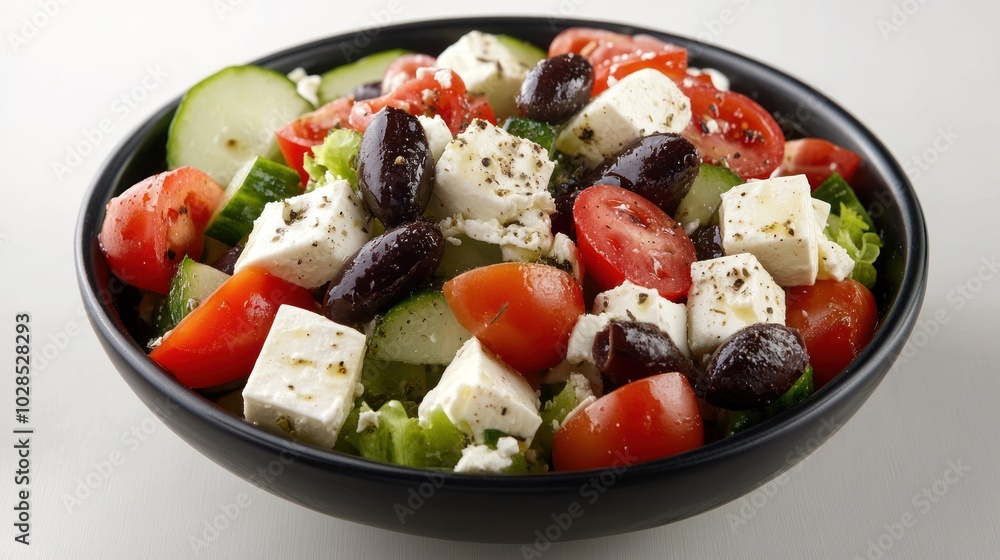 Greek Salad with Feta Cheese, Tomatoes, Cucumbers, and Olives in a Black Bowl Greek Salad with Feta Cheese, Tomatoes, Cucumbers, and Olives in a Black Bowl