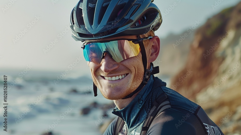 Man enjoying an outdoor cycling session with the seashore in the background. Man enjoying an outdoor cycling session with the seashore in the background.
