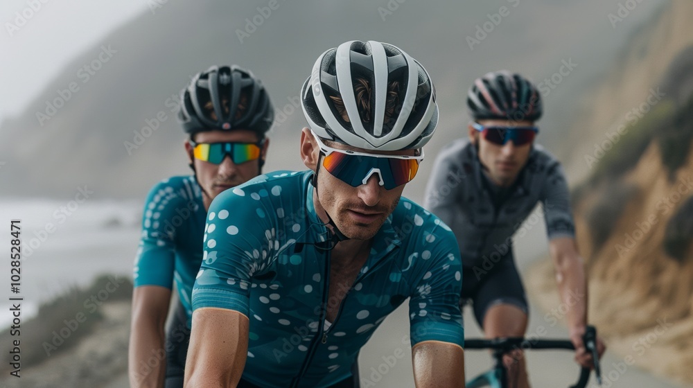 Group of male cyclists riding their bikes together by the seaside. Group of male cyclists riding their bikes together by the seaside.
