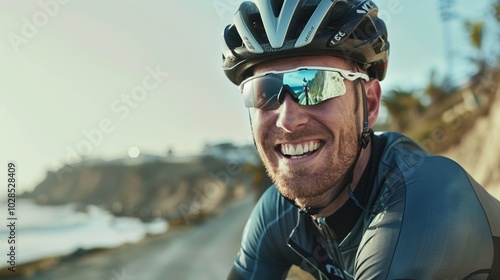 Wallpaper Mural Fitness enthusiast cycling on a peaceful beach road, the seashore stretching out. Torontodigital.ca