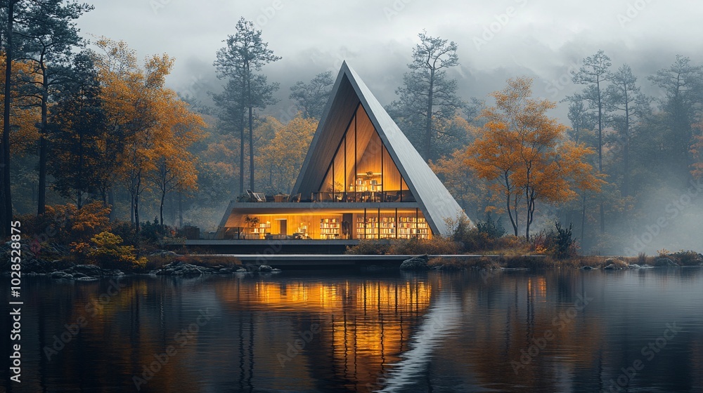 Fototapeta premium Modern Triangle Frame House by Serene Forest Lake