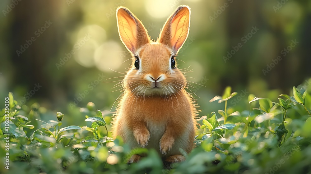 A cute, fluffy bunny rabbit with brown fur sits in a field of green grass with a sunny background, looking directly at the camera. A cute, fluffy bunny rabbit with brown fur sits in a field of green grass with a sunny background, looking directly at the camera.