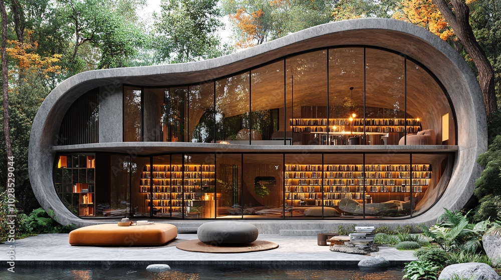 Fototapeta premium Modern Library Design in Nature-Inspired Architecture