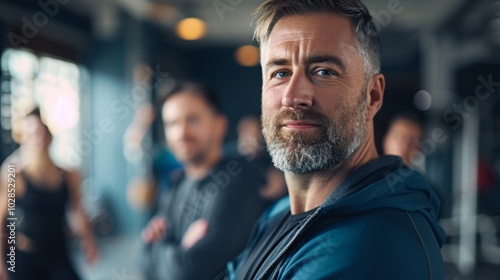 Fit male coach, 40 years old, posing confidently in the gym with weights and machines in view.