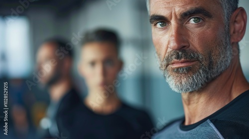 Experienced fitness coach in his 40s posing for a portrait in the gym, showing dedication.