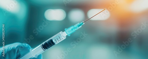 Syringe with needle, blue bokeh background, healthcare concept.