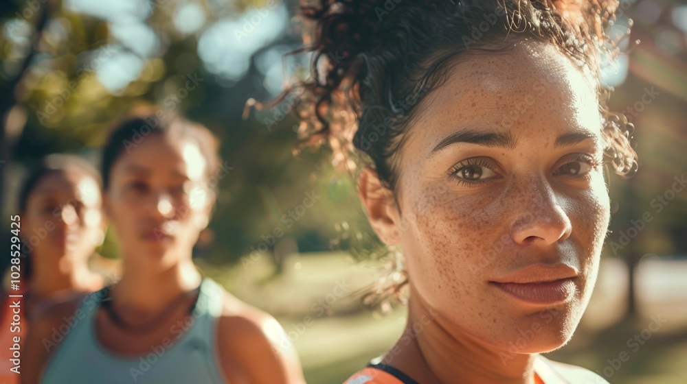 Portrait of a fit Latino woman running through the park in sportswear. Portrait of a fit Latino woman running through the park in sportswear.