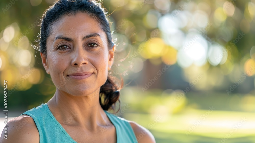 Fit middle-aged Latino woman running in the park, staying active and healthy. Fit middle-aged Latino woman running in the park, staying active and healthy.