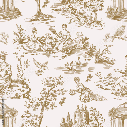 Abstract Victorian seamless pattern with hand drawn illustration with country life, couple villager in Toile de jouy style. Retro elegance blue Chinoiserie print. Vintage wallpaper for bedroom