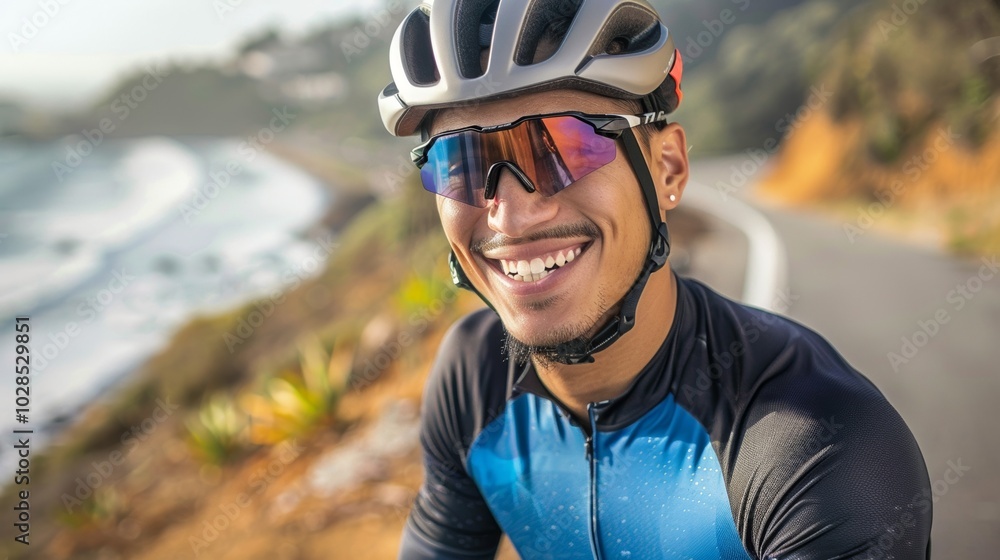 Seaside biking: a man pedals leisurely along the shoreline. Seaside biking: a man pedals leisurely along the shoreline.