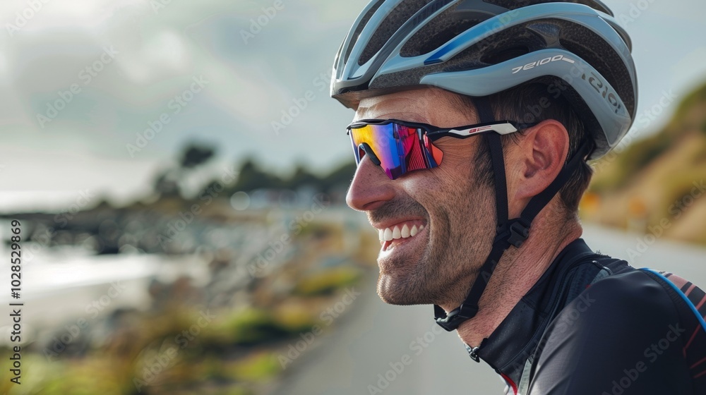 A fit cyclist pedals along the coast, with the waves gently crashing. A fit cyclist pedals along the coast, with the waves gently crashing.