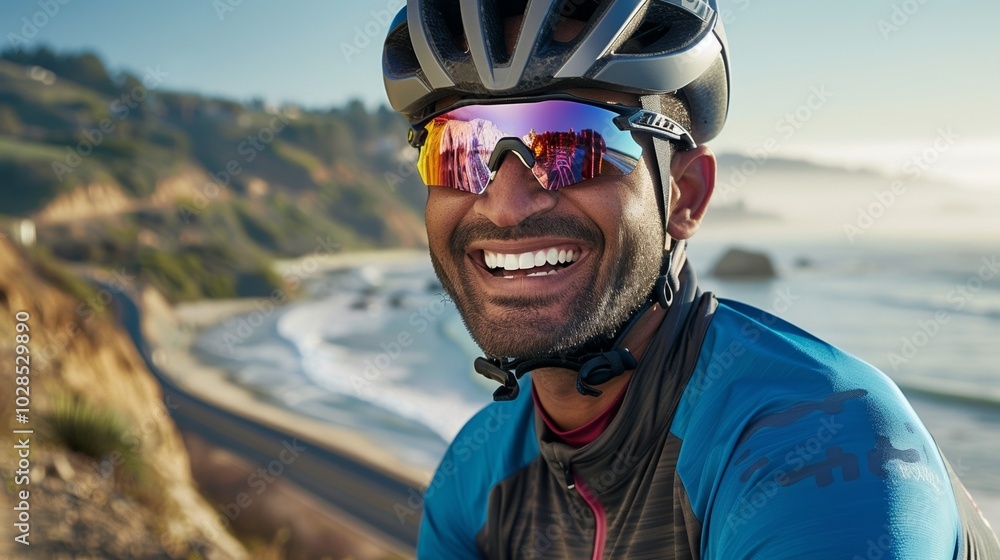 Relaxed cyclist pedaling near the beach, the serene sea creating a calming background. Relaxed cyclist pedaling near the beach, the serene sea creating a calming background.