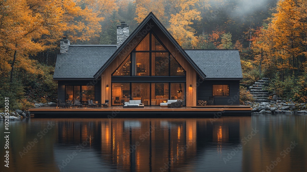 Fototapeta premium Serene Cabin Reflection in Autumn Landscape