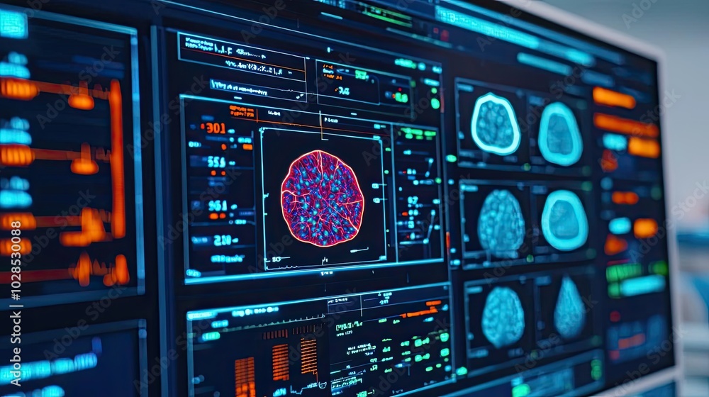 High-tech display showing colorful data analysis and interactive graphs. High-tech display showing colorful data analysis and interactive graphs.