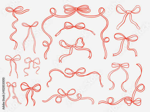 Set of elegant whimsical hand-drawn pink blue orange green color bows knots and wavy squiggle curly ribbons in trendy, vintage styles. Perfect for quirky holiday, wedding, birthday gift decorations