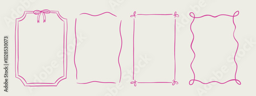 Set of elegant whimsical hand-drawn pink blue orange green color frames with wavy squiggle curly ribbons in trendy, vintage styles. Perfect for quirky holiday, wedding, birthday gift decorations