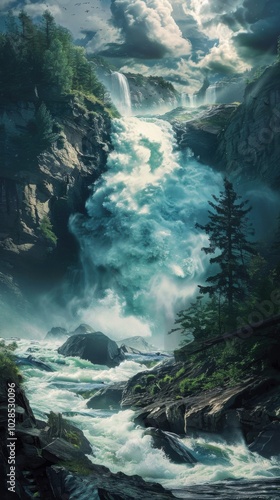 Grand roaring waterfall, 4K hyperrealistic photo