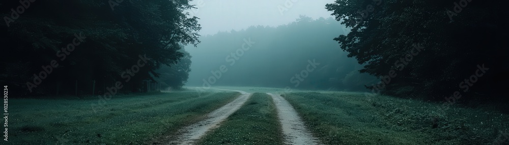 Serene Foggy Landscape with Curved Dirt Path Serene Foggy Landscape with Curved Dirt Path