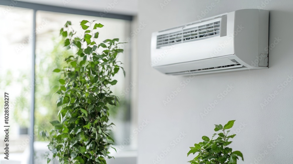 White Air Conditioner Unit Mounted on a Wall with Green Plants in the Foreground White Air Conditioner Unit Mounted on a Wall with Green Plants in the Foreground