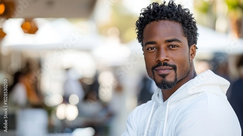 african american man, black hair and beard with some grey in it, wearing white hoodie, brown eyes, light skinned, medium build body type, background is plain white, headshot