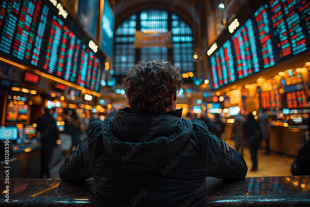 A trader following global stock indices, demonstrating the interconnectedness of world markets and the impact of international events on local stocks. Concept of globalization. A trader following global stock indices, demonstrating the interconnectedness of world markets and the impact of international events on local stocks. Concept of globalization.