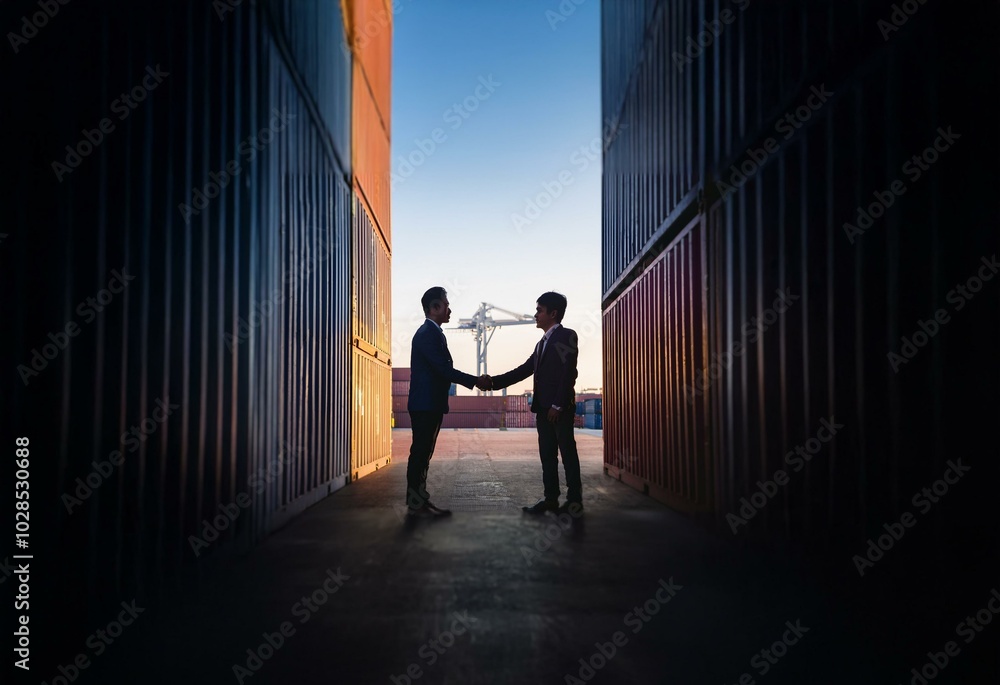 Two men in business suits shake hands between rows of shipping containers at sunset. Two men in business suits shake hands between rows of shipping containers at sunset.