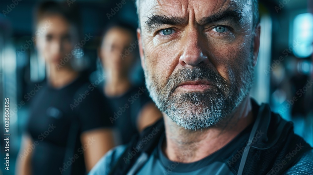 Middle-aged fitness coach posing proudly in the gym, surrounded by exercise equipment. Middle-aged fitness coach posing proudly in the gym, surrounded by exercise equipment.