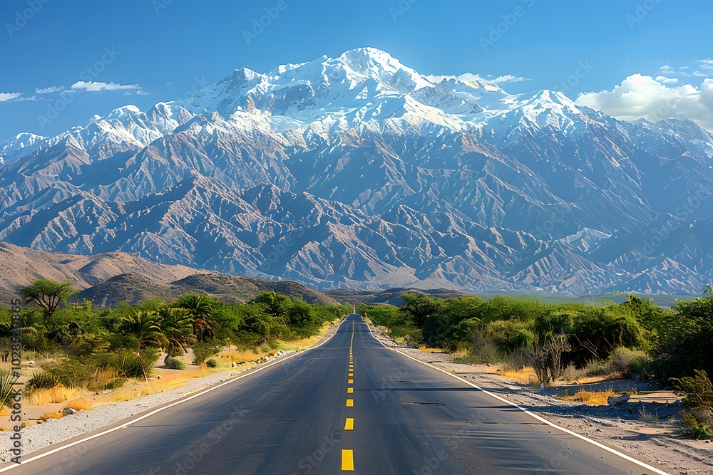 Naklejka premium Majestic Mountain Roadway - Scenic Journey to Snow-Capped Peaks and Rugged Landscapes