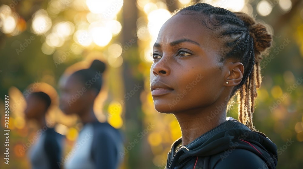 Portrait of a fit African American woman in sports gear, running through the park. Portrait of a fit African American woman in sports gear, running through the park.