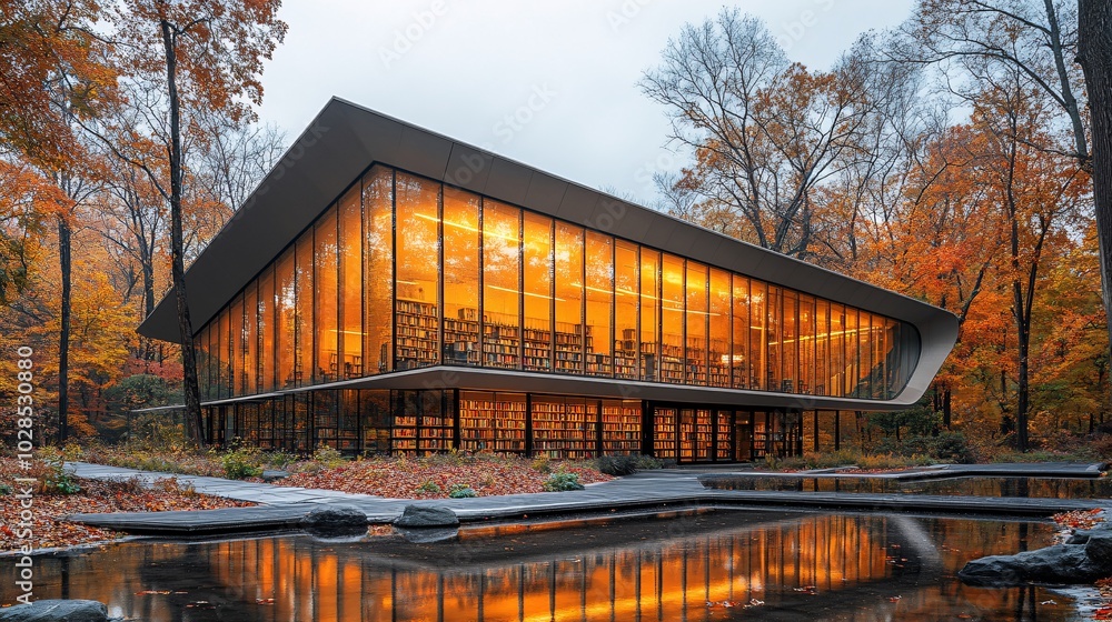 Modern Library Reflection in Autumn Landscape Modern Library Reflection in Autumn Landscape