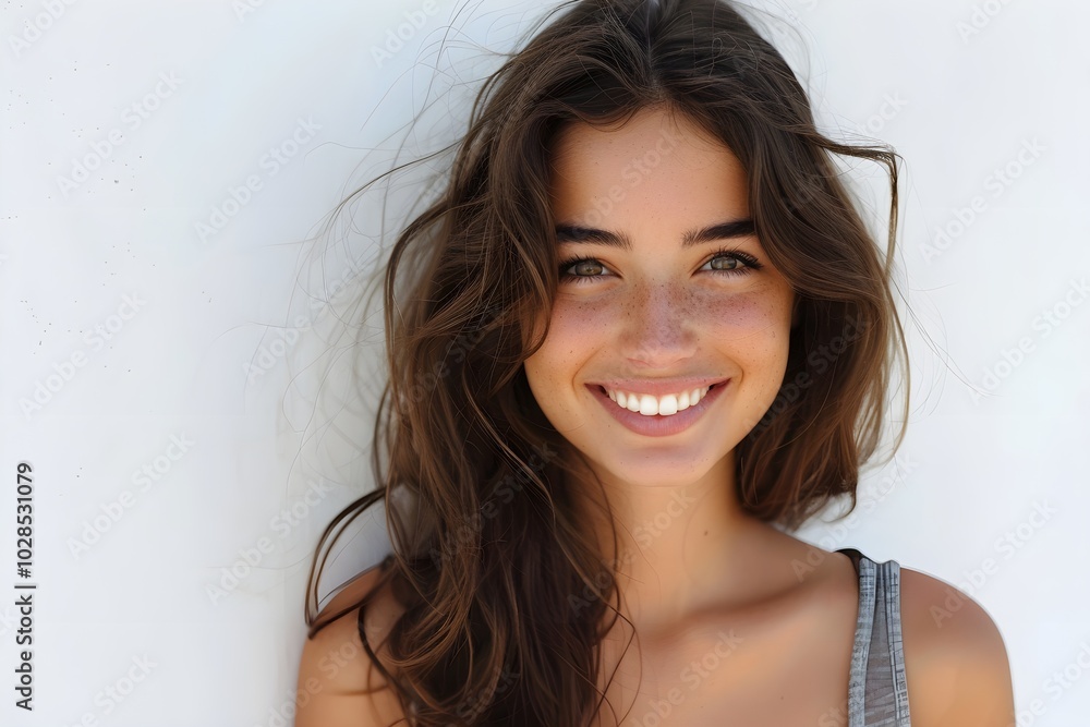 A beautiful young woman standing in front of a white wall A beautiful young woman standing in front of a white wall