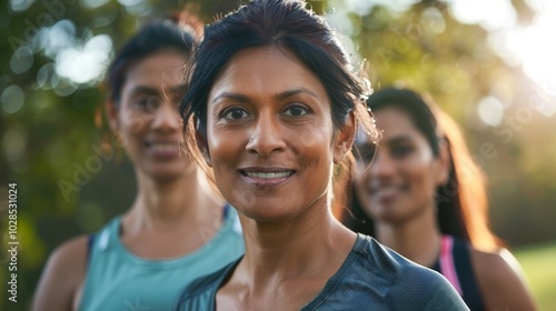 Active Indian woman enjoying a morning run in the park, wearing athletic clothing.