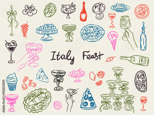 Set of whimsical hand-drawn italy party and wedding food and drink illustartion in trendy vintage style. Perfect for quirky holiday, dinner and bar menu, bachelorette party, birthday invitation, sign