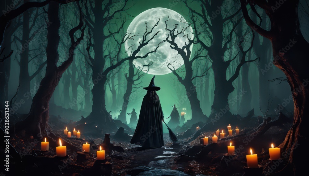 Enchanted Halloween Night: A Mysterious Witch in a Haunting Forest with Full Moon Enchanted Halloween Night: A Mysterious Witch in a Haunting Forest with Full Moon