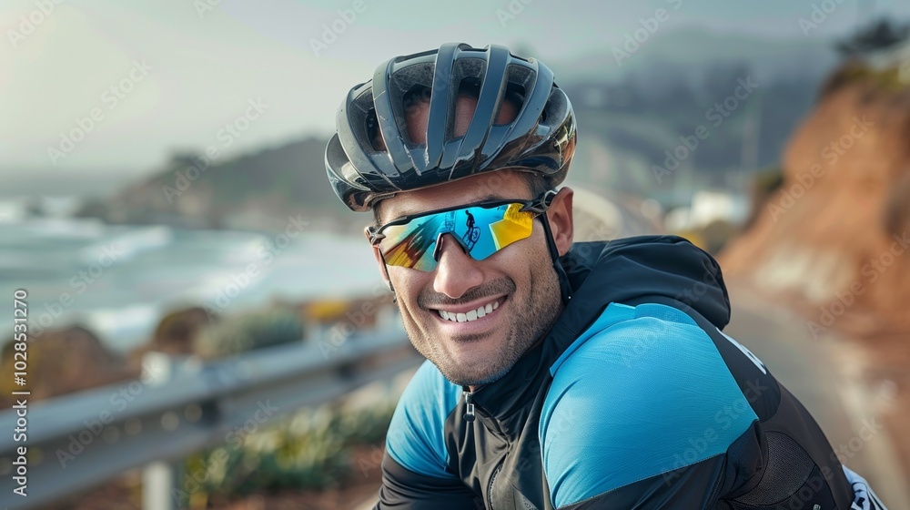 Seaside biking: a man pedals leisurely along the shoreline. Seaside biking: a man pedals leisurely along the shoreline.