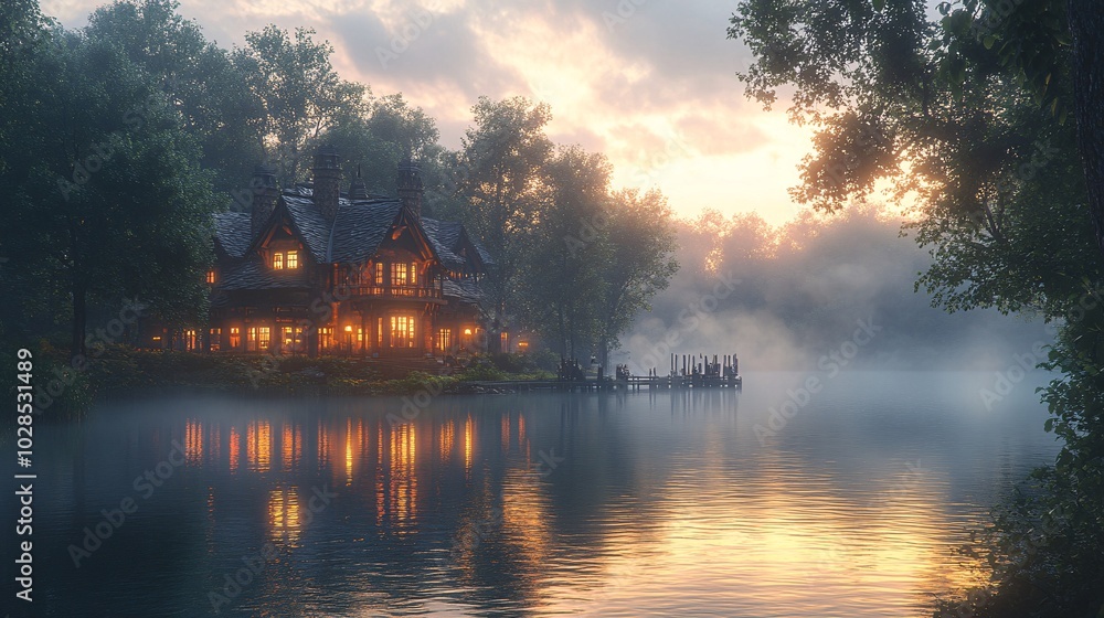Fototapeta premium Tranquil Early Morning Scene by the Lake